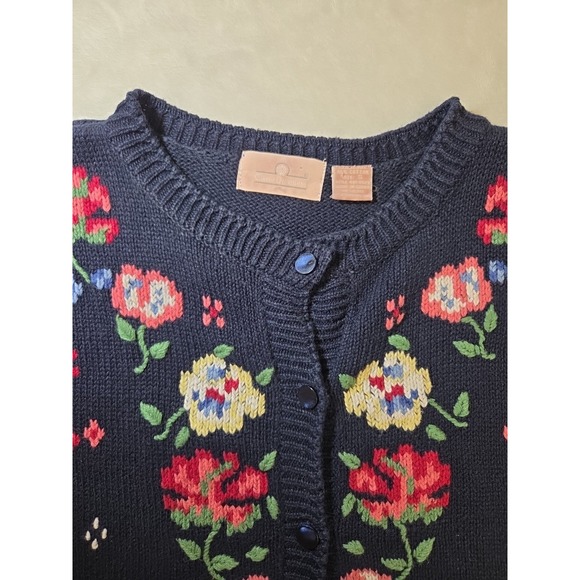 Vintage Knitted Floral Short Sleeve Sweater Cardigan Navy Blue GrannyCore Size S - Picture 3 of 13